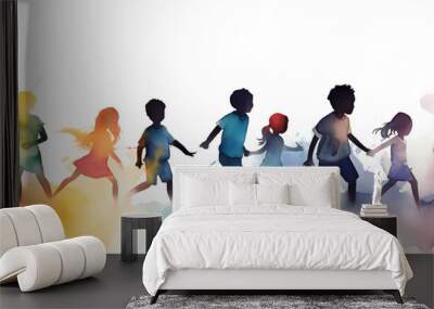 Silhouettes of happy children. World children's day. Watercolor illustration, banner. Generative AI Wall mural