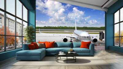 aircraft airplane plane landed airport blue sky Wall mural