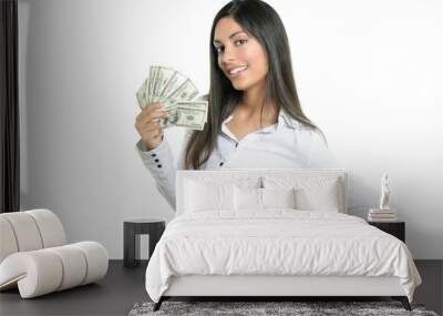 beautiful success businesswoman holding dollar notes Wall mural