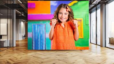 excited happy expression children girl in a tropical house vacat Wall mural