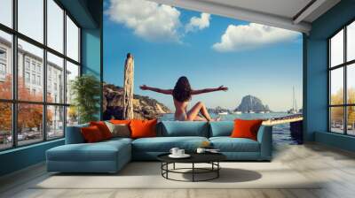 Ibiza cala d Hort girl pier sunset Es Vedra Wall mural