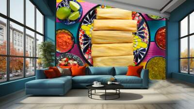 Tamale with corn leaf and sauces guacamole Wall mural