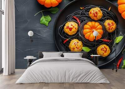 Delicious black spaghetti topped with pumpkin, meatballs, and fresh herbs. Wall mural