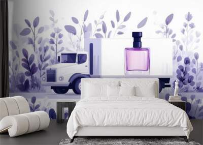 A charming flat illustration showcases a white truck hauling an oversized lavender perfume bottle, surrounded by whimsical abstract shapes and pastel tones Wall mural