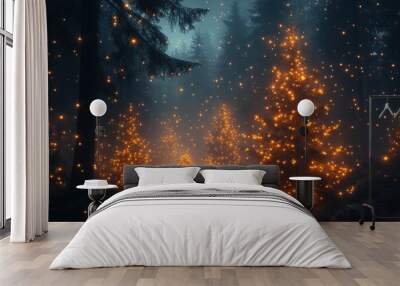 A magical winter forest pathway adorned with glowing Christmas trees, inviting visitors to experience the enchanting holiday atmosphere. Wall mural