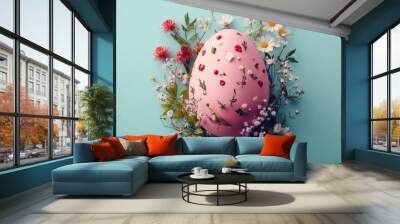 A pastel pink Easter egg nestled among delicate flowers on a soft pastel blue background, celebrating the beauty of spring and festive traditions. Wall mural