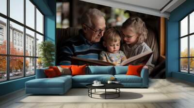 A photograph of grandparents reading a story to their grandchildren in a cozy corner of the house, with bonding and warmth Wall mural