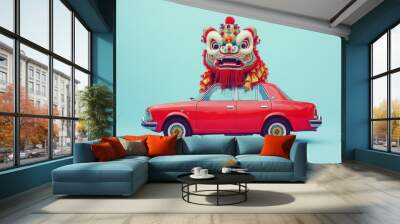 A striking red car embraces creativity as it proudly showcases a lion dance costume atop its roof, set against a tranquil blue background that invites the eye Wall mural