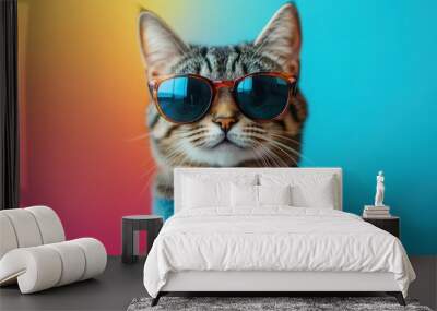 A stylish cat poses confidently in trendy sunglasses against a vibrant, colorful background that highlights its fashionable flair. Wall mural