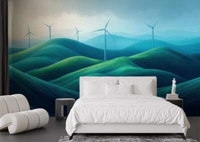 A tranquil landscape featuring minimalistic wind turbines on rolling hills under a serene sky at dusk, showcasing the harmony of renewable energy and nature. Wall mural