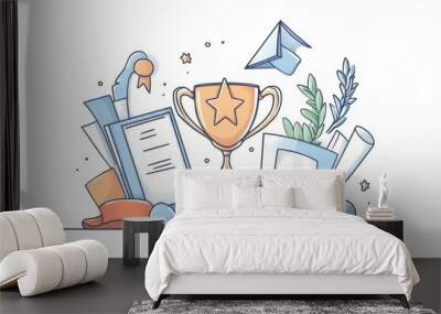 A trophy with a star on it, surrounded by a medal, a ribbon, a certificate, a graduation cap, a laurel wreath, and a winner podium. Wall mural