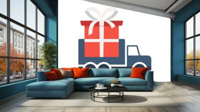 Christmas gift delivery. online shopping logistic truck delivering gift tag. Online delivery contactless service to home, office by truck. Wall mural