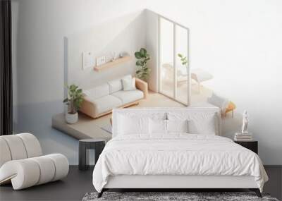 Experience a tranquil isometric living room designed in a Muji-inspired style, characterized by open space, modern furnishings, and abundant natural light that creates a serene atmosphere Wall mural