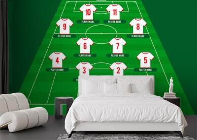 Football team formation. Soccer or football field with 11 shirt with numbers vector illustration. soccer lineup Wall mural