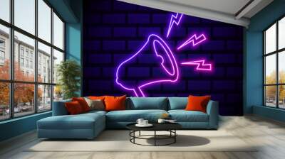 Latest news neon light announcement poster template . Megaphone icon isolated on dark brick wall background Wall mural