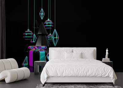 Merry Christmas and happy new year holographic element 3d rendering concept. Christmas elegance iridescent and holographic trendy design Xmas pine fir tree for greeting card, banner placard or poster Wall mural