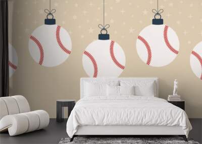 Merry Christmas baseball seamless horizontal pattern. Hang on a thread flat cartoon baseball ball as a Christmas ball on gold horizontal background. Sport Vector illustration. Wall mural