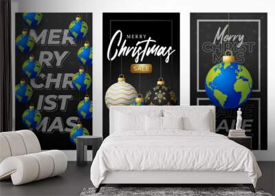 planet earth Christmas ball card. Merry Christmas world greeting card set. Hang on a thread earth planet as a xmas ball bauble on black background. world Vector illustration. Wall mural