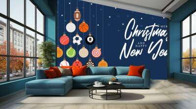 Sport Christmas illustration. Creative Xmas tree made by football, soccer, basketball, cricket, golf, baseball, tennis ball. Christmas and new year flat Vector Sport greeting card banner Wall mural