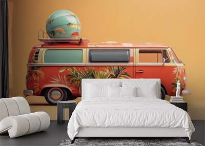 This spirited red van, embellished with cheerful tropical patterns, transports a large beach ball on its roof, inviting thoughts of sunny beach getaways Wall mural