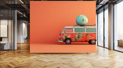 This spirited red van, embellished with cheerful tropical patterns, transports a large beach ball on its roof, inviting thoughts of sunny beach getaways Wall mural