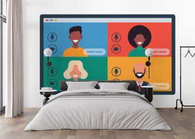 Web windows with different people chatting by videoconference on tablet. Smiling men and women work and communicate remotely. Team meeting Vector illustration in flat design Wall mural