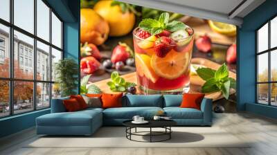 Mixed fruit punch with fresh berries and citrus on wooden board Wall mural