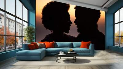 Sunset, love and silhouette of black couple in nature for romance, bonding and happiness. Sunrise, travel and summer break with man and woman hugging for affection, passion and smile on vacation Wall mural