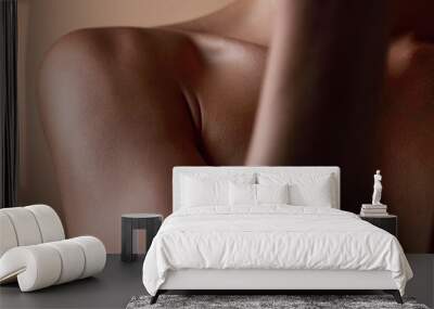 Healthy, skin and body closeup on woman, shoulder or natural glow and skincare texture in studio with cosmetics. Beauty, self care and arm of female model with clean, hygiene and aesthetic wellness Wall mural