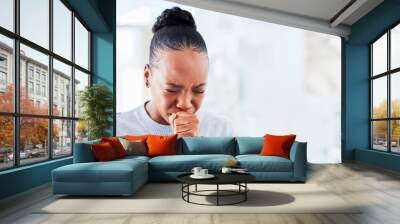 Sick, cough and black woman with sore throat at home for influenza, cold or allergies on wall background. Coughing, tuberculosis and African lady with chest, infection or breathing, lung or problem Wall mural