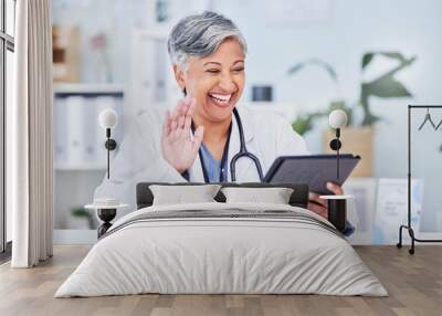 Wave, woman and doctor with a tablet, video call and telehealth with online consultation, help and support. Happy person, employee or medical professional with technology, advice and healthcare Wall mural