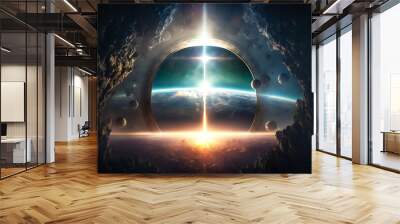 Fantasy landscape illustration, alien planets and spiritual places. The planet seen from out of space, illustration created with generative AI tools. Wall mural