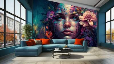 spring or summer design of a woman head decorated with flowers. artistic rendering illustration made Wall mural