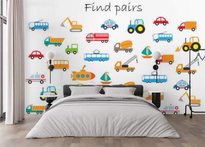 Find pairs of identical pictures, fun education game with different transport for children, preschool worksheet activity for kids, task for the development of logical thinking, vector illustration Wall mural