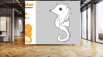 sea horse in cartoon style, color by number, education paper game for the development of children, c Wall mural