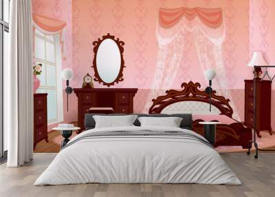 Interior bedroom in italian old style. Vintage cartoon house room. Wall mural