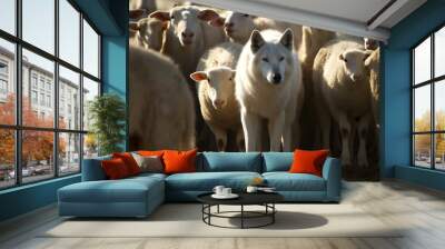 A wolf between the sheep. A predator and his victims. Illustration with the animals.	
 Wall mural