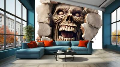 An angry zombie looks out from a hole in the wall. Portrait of a fantasy creature on the transparent background. Wall mural