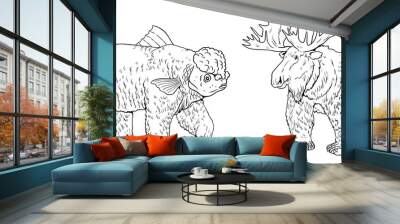 Coloring page with the animals mutants: Bear with moose head and with fish head. Coloring book with fantasy creatures. Wall mural