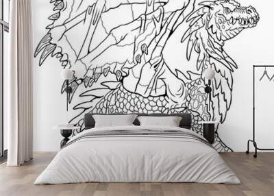 Dragon coloring page. Fantasy illustration with mythical creature. Dragon drawing coloring sheet. Wall mural