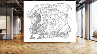 Dragon coloring page. Outline illustration. Dragon drawing coloring sheet. Wall mural