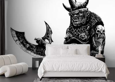 Orc with ax. Fantasy black white drawing. Barbarian creature illustration. Wall mural