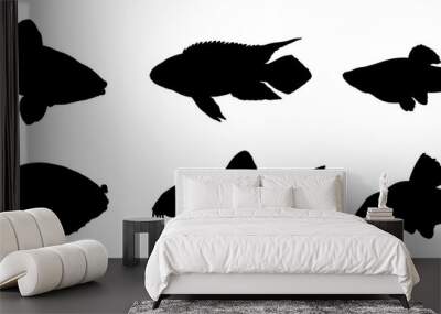 Silhouette drawing with aquarium fish. Illustration with kribensis, tetraodon, barb, molly, botia and catfish. Wall mural