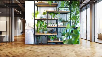 Green interior with an industrial open shelf cupboard filled with numerous house plants in pots creating an indoor garden Wall mural