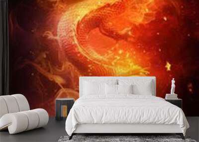 fire dragon with a long tail in the air Wall mural