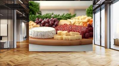 A circular wooden board laden with a delectable spread of gourmet cheeses cured meats grapes and cherry tomatoes Wall mural