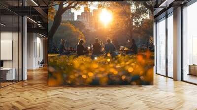 a group of people sitting in a park at sunset Wall mural