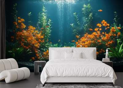 A vibrant underwater scene with schools of fish swimming through lush aquatic plants Wall mural