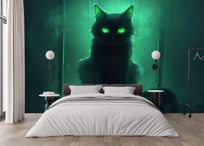 black cat sitting in a window with glowing green eyes Wall mural