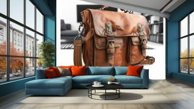 brown leather briefcase sitting on a table in a room Wall mural